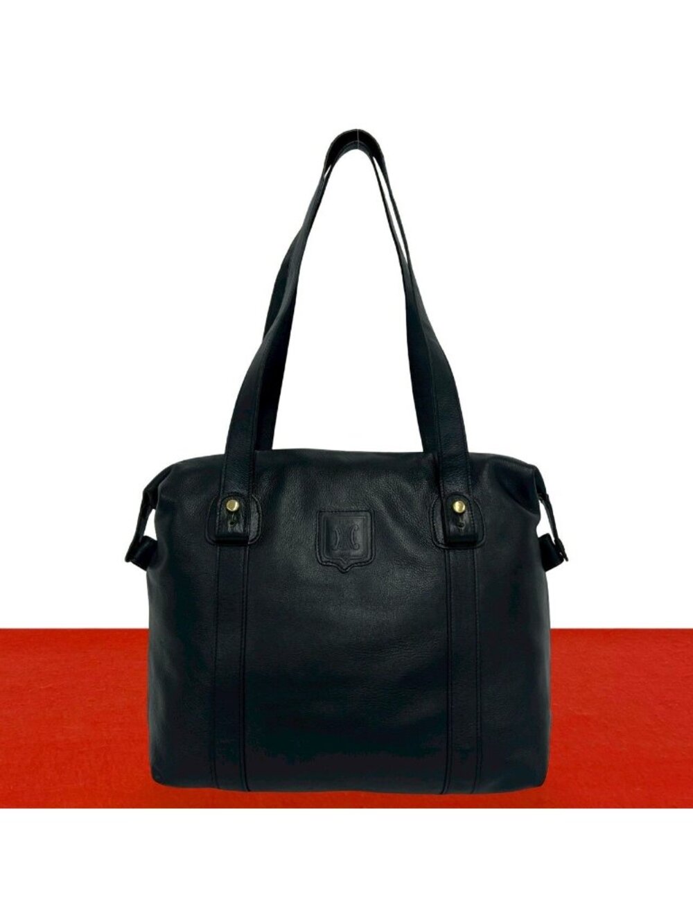 Celine Vintage Triomphe Logo Leather Tote Shoulder Bag Mini Black